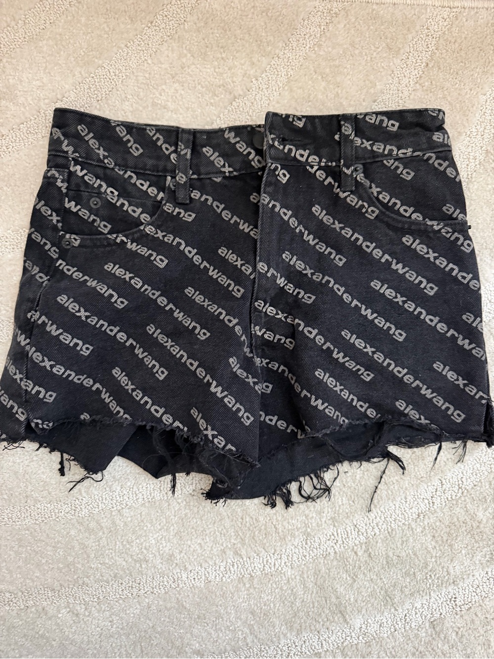 Alexander Wang Black All-Over Logo Frayed Denim Shorts